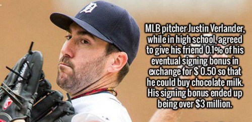photo caption - Mlb pitcher Justin Verlander, while in high school, agreed to give his friend 0.1% of his eventual signing bonus in exchange for $0.50 so that he could buy chocolate milk. His signing bonus ended up being over $3 million.