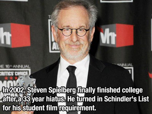 entrepreneur - Te 16 Ann Vola In 2002, Steven Spielberg finally finished college after a 33 year hiatus. He turned in Schindler's List for his student film requirement.