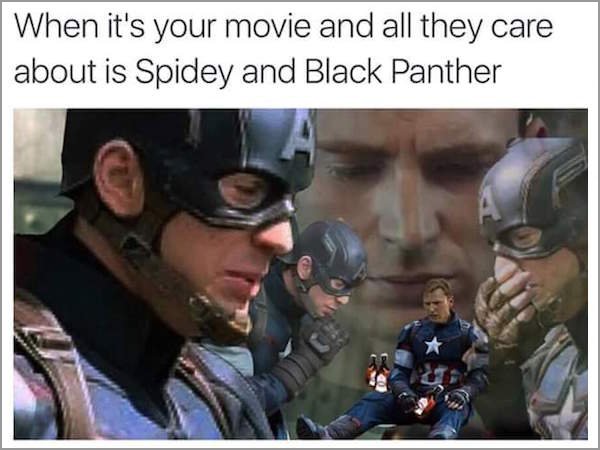 sad captain america meme - When it's your movie and all they care about is Spidey and Black Panther