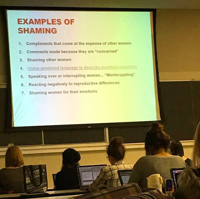 presentation - Examples Of Shaming 1. Compliments that come at the expense of other women 2. made because they are "concerned" 3. Shaming other women 4. Using gendered language to describe positives negatives 5. Speaking over or interrupting women... "Man