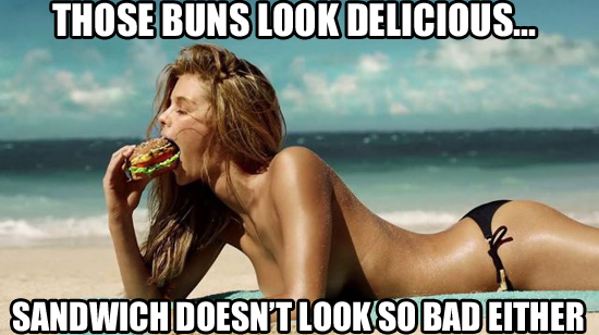 funny meme about girl eating burger on the beach with comment on those delicious looking buns