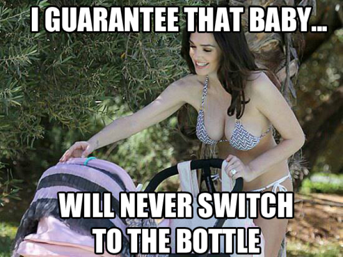 Mother with large breasts pushing a baby carriage with caption guaranteeing that baby is not going to want to ever switch to a bottle