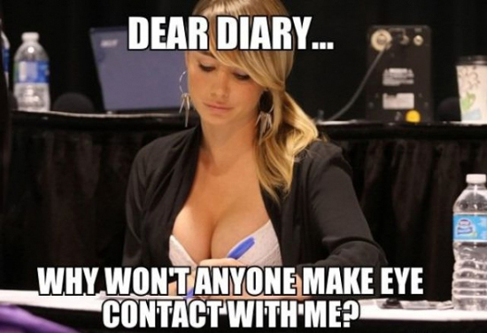Dank meme of girl with large boobs asking her diary why nobody makes eye contact with her