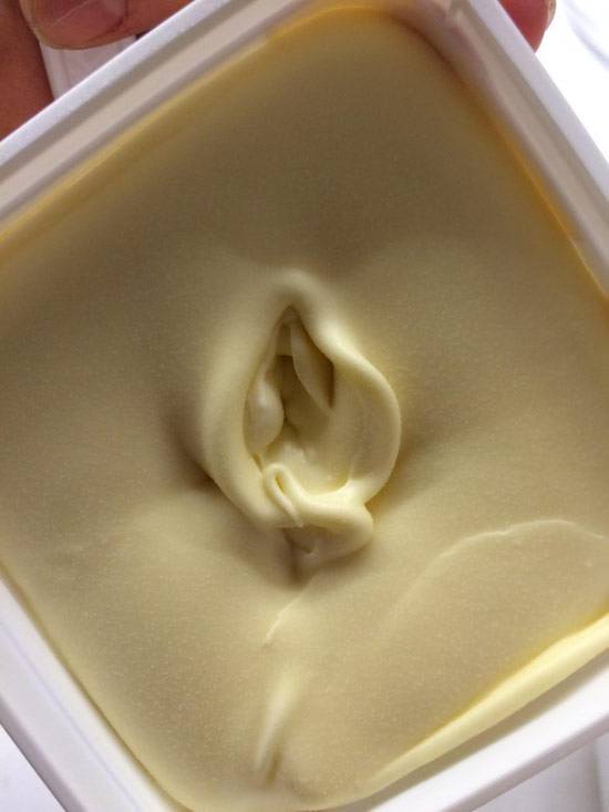 Ice cream that has been scooped a bit and looks like an old saggy vagina