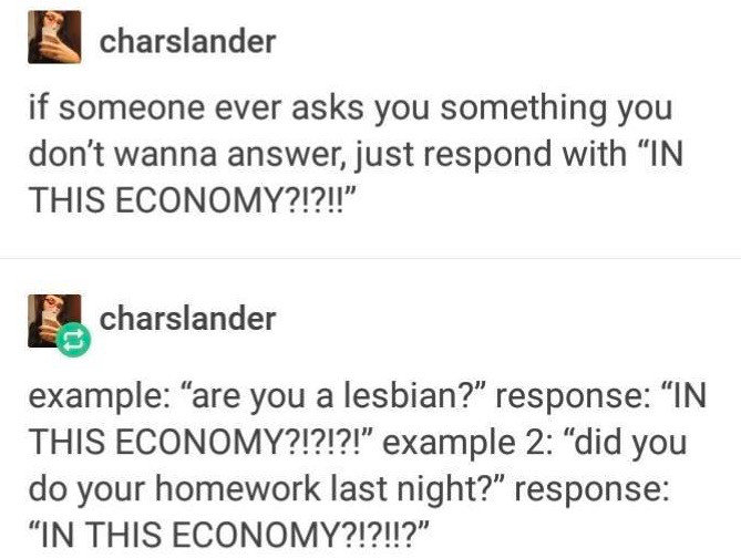 document - ch charslander if someone ever asks you something you don't wanna answer, just respond with "In This Economy?!?!!" charslander example are you a lesbian?" response "In This Economy?!?!?! example 2 "did you do your homework last night?" response