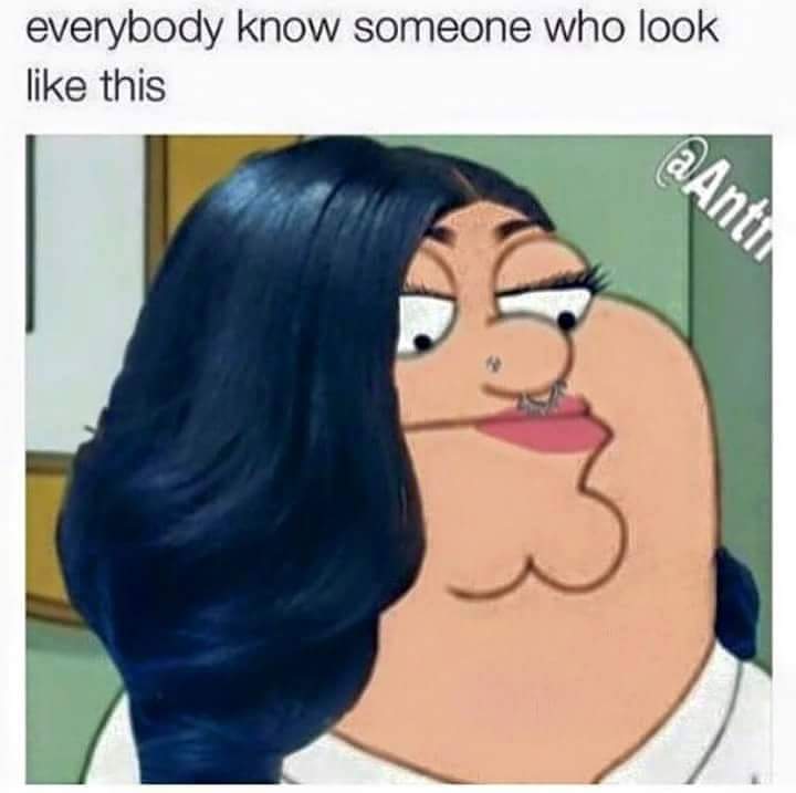 Dank meme of Peter from Family Guy dressed as typical fat goth girl.
