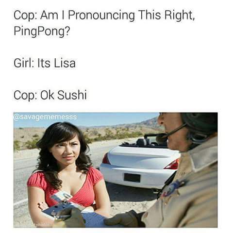 Dank meme about a cop who pulls over an Asian girl and just calls her offensive nicknames.