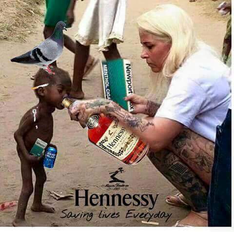 Dank meme of that kid that was kicked out of his house in Africa and the woman who saved him, with all sorts of vices photoshopped into the picture.