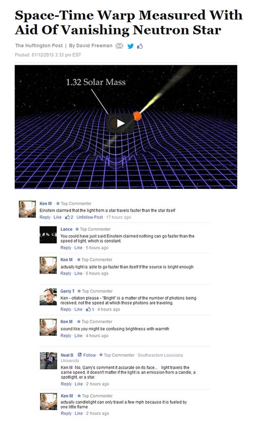 website - SpaceTime Warp Measured With Aid Of Vanishing Neutron Star y The Huffington Post By David Freeman Posted 01122015 Est 1.32 Solar Mass Ken M Top Commenter Einstein claimed that the light from a star travels faster than the star itself 2 Un Post 1