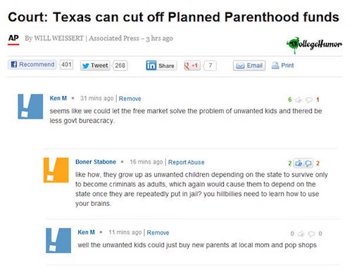 Ken M - Court Texas can cut off Planned Parenthood funds Ap By Will Weissert | Associated Press 3 hrs ago Mollegehumor Recommend 401 y Tweet 268 in 1 7 Email Print Ken M. 31 mins ago Remove seems we could let the free market solve the problem of unwanted 