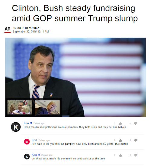 ken m ben franklin - Clinton, Bush steady fundraising amid Gop summer Trump slump Ap By Julie Bykowicz Ken M 2 days ago Ben Franklin said politicians are pampers, they both stink and they act babies K Karl 2 days ago ken hate to tell you this but pampers 