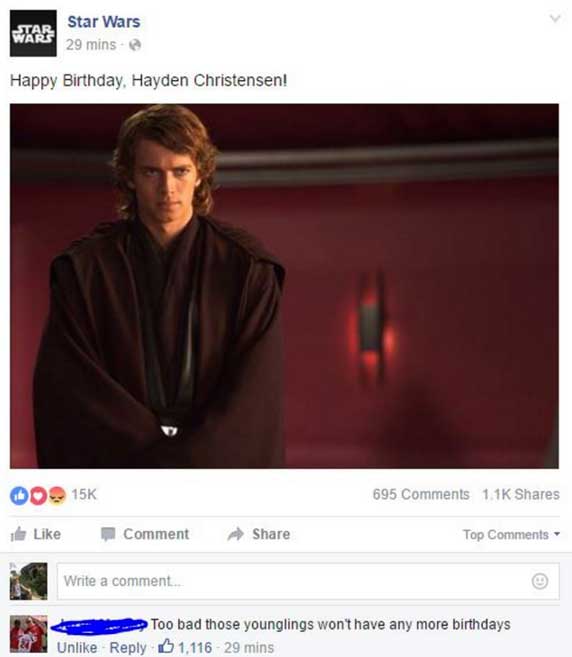 star wars anakin - Star Wars 29 mins Happy Birthday, Hayden Christensen! Do 15K 695 Comment Top Write a comment.. Too bad those younglings won't have any more birthdays Un 1,116 29 mins 1921
