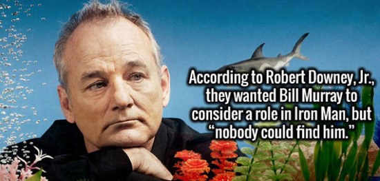 Bill Murray - ! at According to Robert Downey Jr., they wanted Bill Murray to consider a role in Iron Man, but nobody could find him."