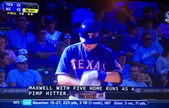 games - Texo Kc o86, 10TH 10 00 Texas Maxwell With Five Home Runs As Assic Pimp Hitter. Nfl Car Newton 1527. 223 yds 3TD Irush, Int Gin 3 rec, 71 yes,