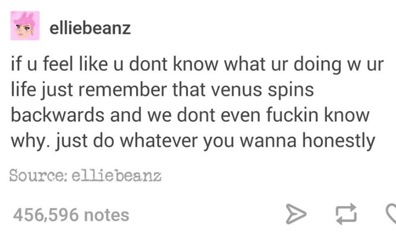 document - v elliebeanz if u feel u dont know what ur doing w ur life just remember that venus spins backwards and we dont even fuckin know why. just do whatever you wanna honestly Source elliebeanz 456,596 notes