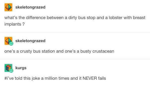 lobster tumblr post - skeletongrazed what's the difference between a dirty bus stop and a lobster with breast implants? skeletongrazed one's a crusty bus station and one's a busty crustacean kurgs 've told this joke a million times and it Never fails