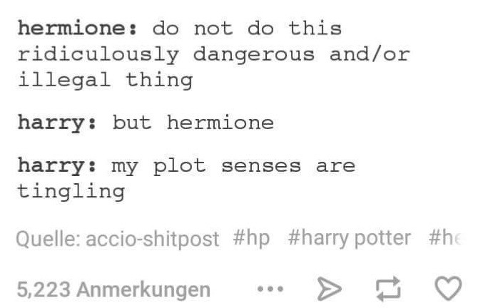 text posts accio shitpost - hermione do not do this ridiculously dangerous andor illegal thing harry but hermione harry my plot senses are tingling Quelle accioshitpost potter 5,223 Anmerkungen ... >