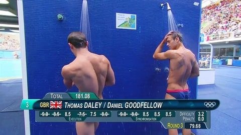 The unfortunate placement of the information bar (you know, those ones with the athlete’s name, country and total scores) on the screen makes it look like the divers are — uh, naked.