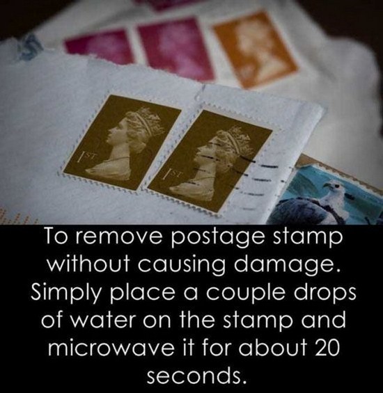 To remove postage stamp without causing damage. Simply place a couple drops of water on the stamp and microwave it for about 20 seconds.