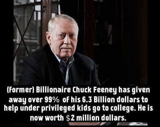 photo caption - former Billionaire Chuck Feeney has given away over 99% of his 6.3 Billion dollars to help under privileged kids go to college. He is now worth $2 million dollars.