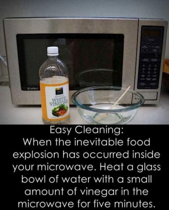 microwave oven - Easy Cleaning When the inevitable food explosion has occurred inside your microwave. Heat a glass bowl of water with a small amount of vinegar in the microwave for five minutes.