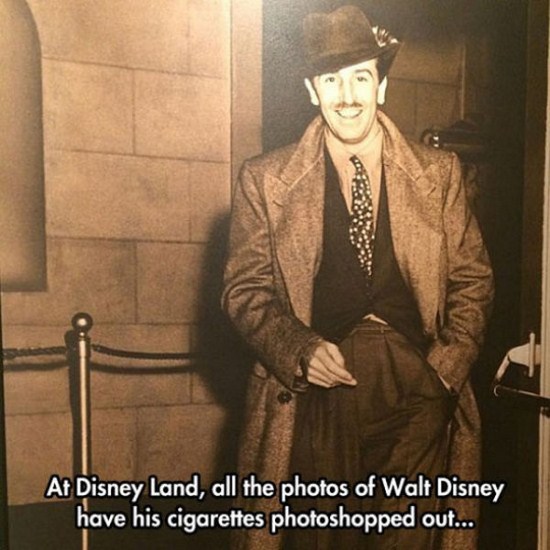 walt disney cigarette photoshop - At Disney Land, all the photos of Walt Disney have his cigarettes photoshopped out...