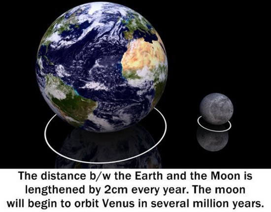 earth - The distance bw the Earth and the Moon is lengthened by 2cm every year. The moon will begin to orbit Venus in several million years.
