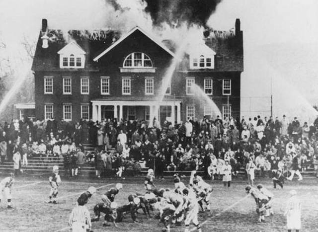 school on fire football game