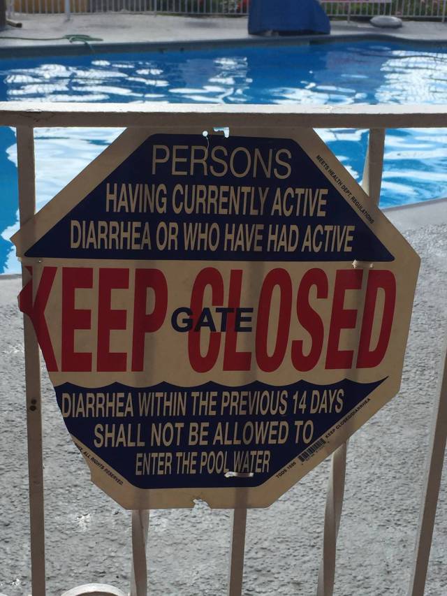 signage - Persons Having Currently Active Diarrhea Or Who Have Had Active Meets Health Dept. Regulations Keep Beosed Diarrhea Within The Previous 14 Days, Shall Not Be Allowed To Enter The Poolwater Lallons Serta Al