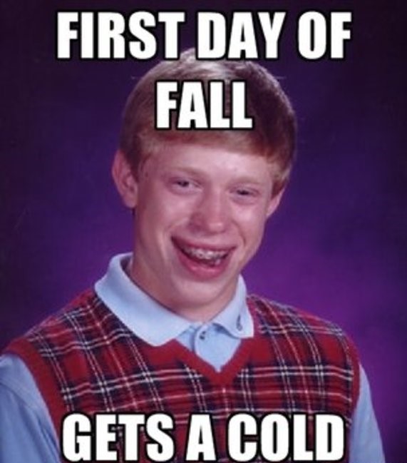 bad luck brian meme about first day of fall and getting a cold