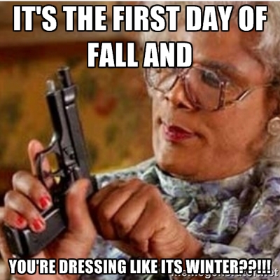 old lady with gun meme about dressing for winter on the first day of fall
