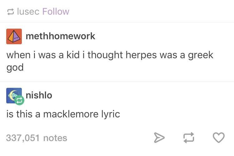 tumblr - document - lusec methhomework when i was a kid i thought herpes was a greek god Cnishlo is this a macklemore lyric 337,051 notes
