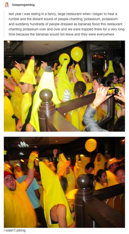 tumblr - potassium tumblr post - keepongaming last year i was eating in a fancy, large restaurant when i began to hear a rumble and the distant sound of people chanting 'potassium, potassium' and suddenly hundreds of people dressed as bananas flood this r