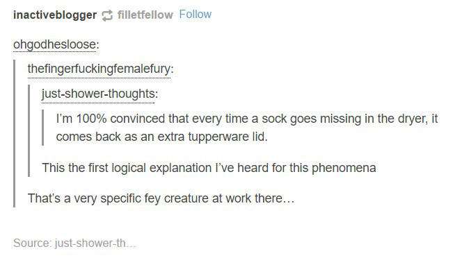 tumblr - document - inactiveblogger filletfellow ohgodhesloose thefingerfuckingfemalefury justshowerthoughts I'm 100% convinced that every time a sock goes missing in the dryer, it comes back as an extra tupperware lid. This the first logical explanation 