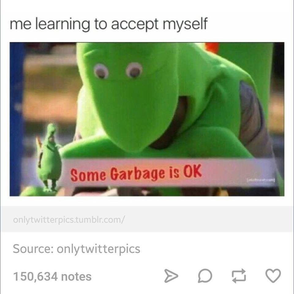 tumblr - garbage and memes - me learning to accept myself Some Garbage is Ok onlytwitterpics.tumblr.com Source onlytwitterpics 150,634 notes > D