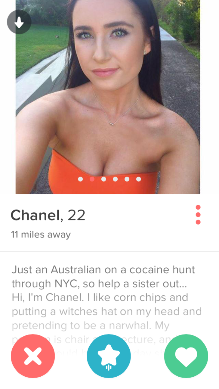 Deadpool - Chanel, 22 11 miles away Just an Australian on a cocaine hunt through Nyc, so help a sister out... Hi, I'm Chanel. I corn chips and putting a witches hat on my head and pretending to be a narwhal. My Oo