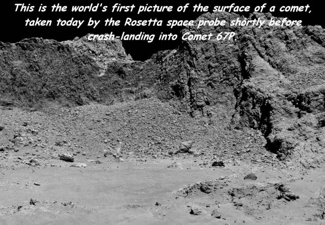 monochrome photography - This is the world's first picture of the surface of a comet, taken today by the Rosetta space probe shortly before crashlanding into Camet 676