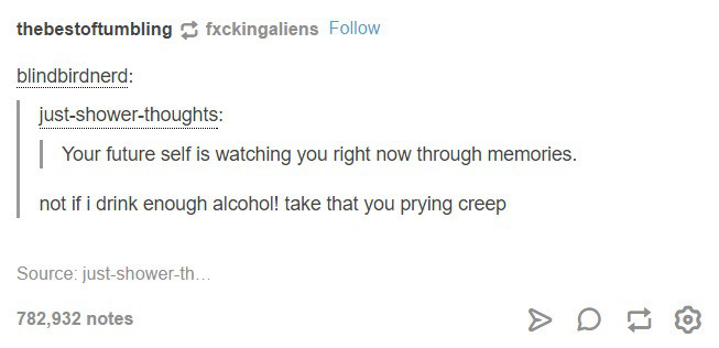 document - thebestoftumbling fxckingaliens blindbirdnerd justshowerthoughts Your future self is watching you right now through memories. not if i drink enough alcohol! take that you prying creep Source justshowerth... 782,932 notes