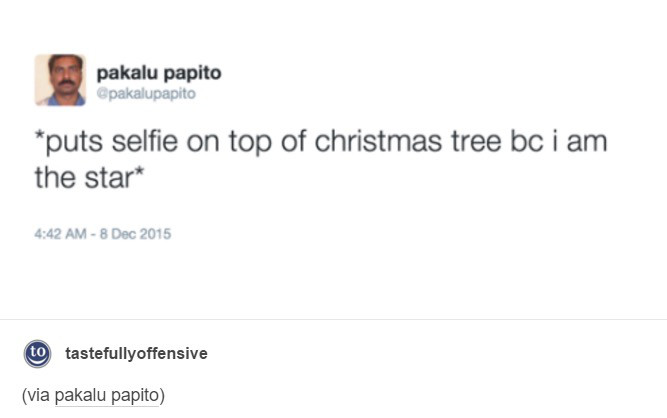 Bob Newby - pakalu papito pakalupapito puts selfie on top of christmas tree bc i am the star to tastefullyoffensive via pakalu papito