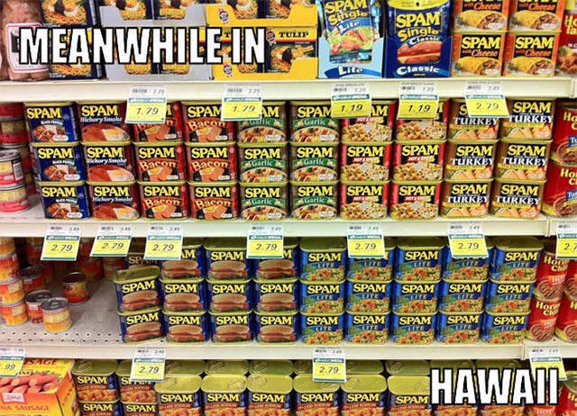 meanwhile in hawaii - Vame e Pace Stigla "Spam Tu Spam Spam Classic Spam! Spam 7.79 Spam 7 79 Am Bacon 1 191 Spam 1.19 Am Garik M 2.73 Turkey Spam Turkey Spamm Spam Spam T Urkia Turke Spam Spam Spam Spam Spam Bacon Spam Garlic Spam Espany Bacon Spam Spam 