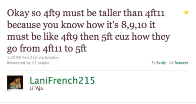 top 100 dumbest tweets - Okay so 4fts must be taller than 4ft11 because you know how it's 8,9,10 it must be 4ft, then 5ft cuz how they go from 4ft11 to 5ft Feb 21st via Echofon Retweeted by 17 people Retweet LaniFrench215 Lil'Aja