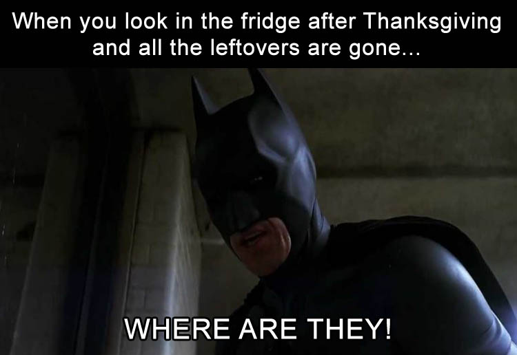 photo caption - When you look in the fridge after Thanksgiving and all the leftovers are gone... Where Are They!