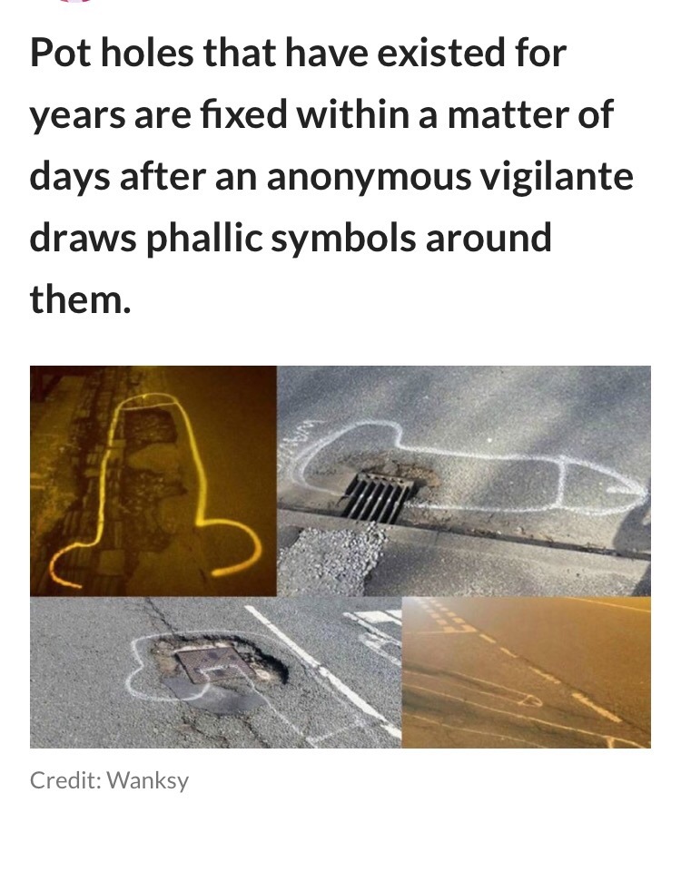 drawing dicks on potholes - Pot holes that have existed for years are fixed within a matter of days after an anonymous vigilante draws phallic symbols around them. Credit Wanksy