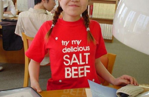 asian clothes with english words - try my delicious Salt Beef