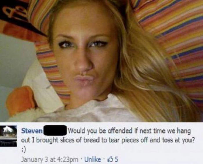 hilarious facebook profiles - Steven Would you be offended if next time we hang out I brought slices of bread to tear pieces off and toss at you? January 3 at pm Un 5