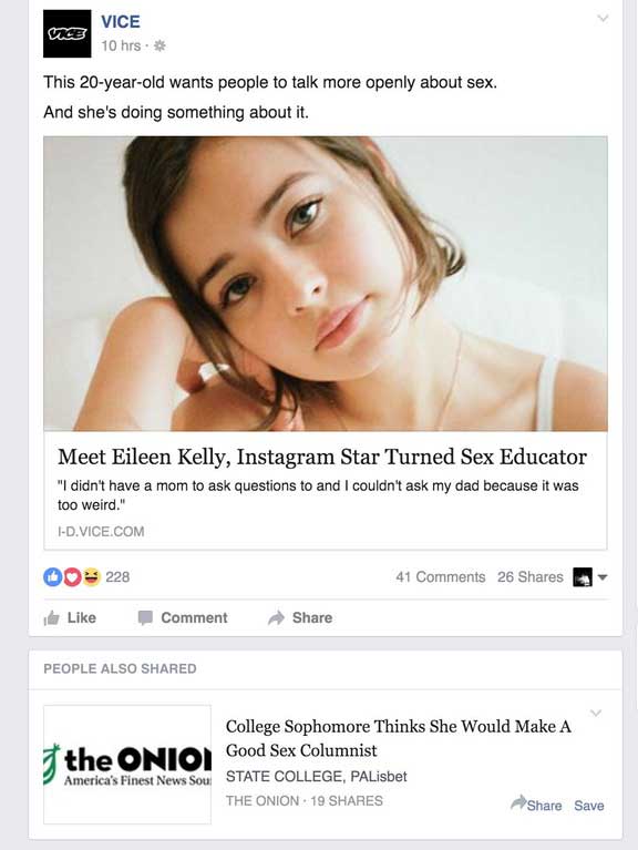onion - Vice 10 hrs. This 20yearold wants people to talk more openly about sex. And she's doing something about it. Meet Eileen Kelly, Instagram Star Turned Sex Educator "I didn't have a mom to ask questions to and I couldn't ask my dad because it was too