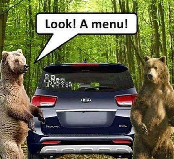 Bears declaring a menu when they see SUV with stick figure family sticker.