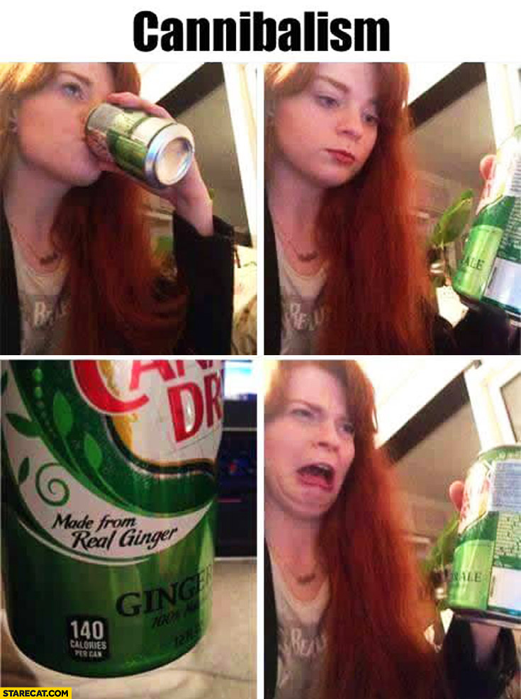 Red haired woman drinking Canada Dry Ginger Ale and realized it is made with gingers
