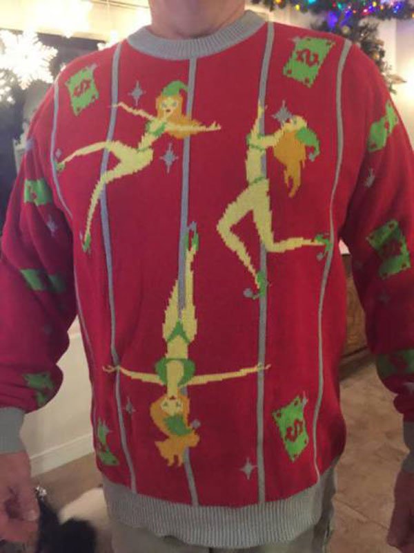 Ugly christmas sweater with dancing strippers on the poles for the stripes.