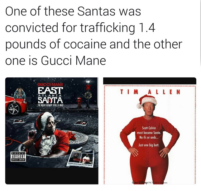 Meme about Gucci Mane and Tim Allen trafficking cocaine in a movie.